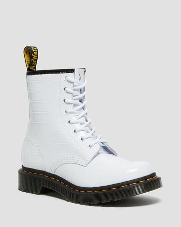 White Women's Dr Martens 1460 Patent Croc Emboss Leather Ankle Boots | CA 19ZUT